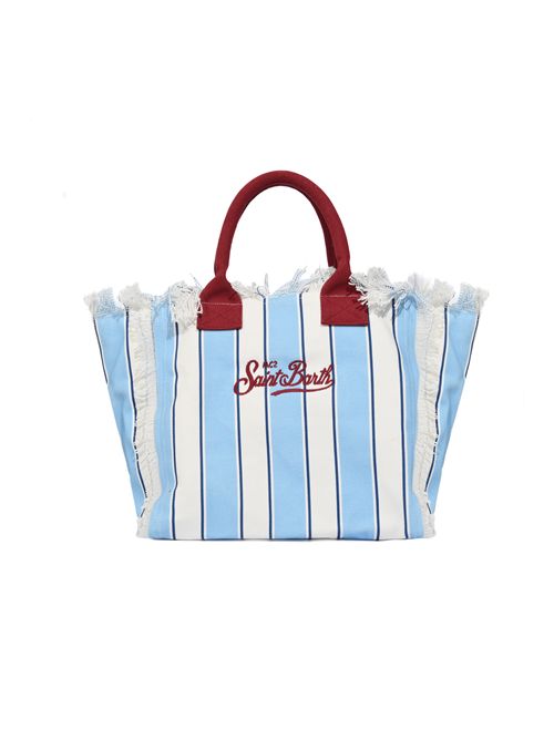 Borsa Vanity Beach Club regular in canvas di cotone a righe azzurre con dettagli bordeaux Mc2 Saint Barth | VANI00100938L